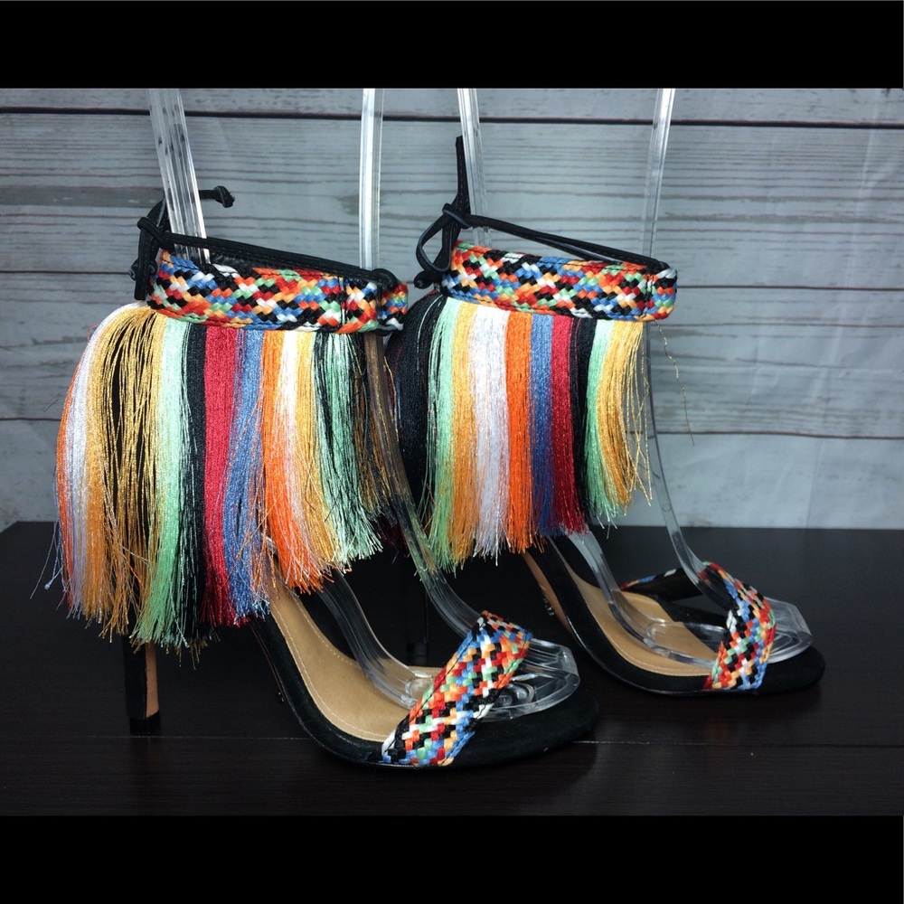 Colorful black fringe heels